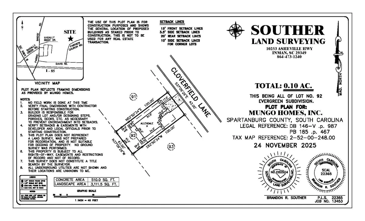 127 Cloverfield Lane  Homesite 92  Spartanburg SC 29303
