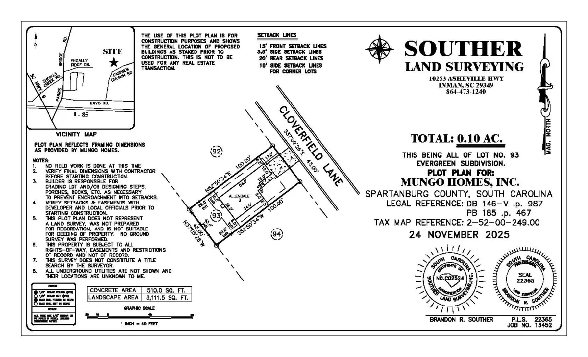 123 Cloverfield Lane  Homesite 93  Spartanburg SC 29303