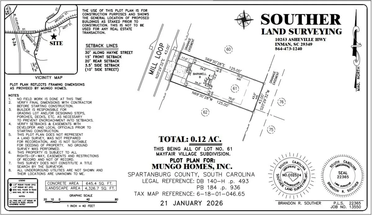 2320 Mill Loop  lot 61  Spartanburg SC 29301